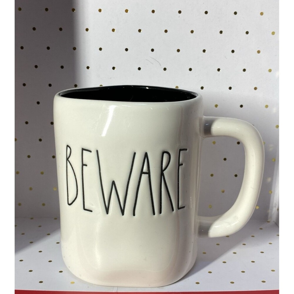 Rae Dunn Artisan Collection BEWARE Mug Cup White Black Interior Halloween Fall